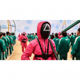 Kostým Squid game - Hra na kalmáre Strážca s maskou a rukavicami M Kostým Squid game - Hra na kalmáre Strážca s maskou a rukavicami M