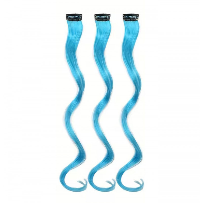 Vlnitý príčesok modrý so sponkou 35cm Blue curly extension 3ks